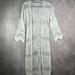 En Creme Duster Cardigan Sweater Womens Medium White Lace‎ Open Front Sheer Boho